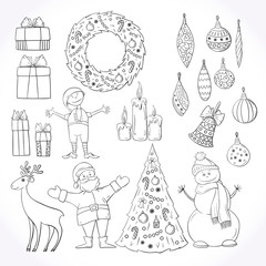Hand-drawn set of Christmas elements. Christmas tree, decor, snowman, balls, gifts, deer. - 308569597
