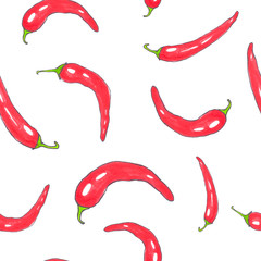 Seamless pattern with hot red pepper. Hand-drawn illustration for printing on fabric, clothing, tableware, wrapping paper, Wallpaper. Cute baby background.
