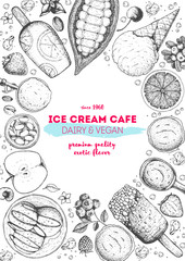 Ice cream top view frame. Vector sketch for vintage menu design. Hand drawn food elements with ice cream, berries and fruits.