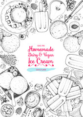 Ice cream top view frame. Vector sketch for vintage menu design. Hand drawn food elements with ice cream, berries and fruits.