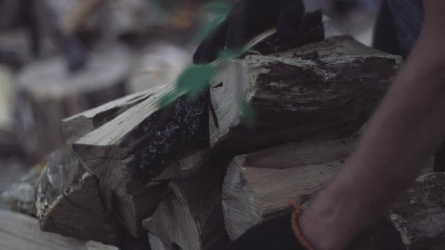 Stacked wood is dried and prepared for cold winter months. Man puts chopped wood pieces neatly onto one each other in a pile. Dry woods are packed in a heap for a fireplace.