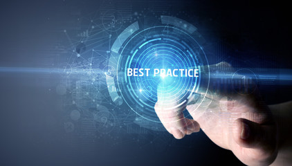 Hand touching BEST PRACTICE button, modern business technology concept