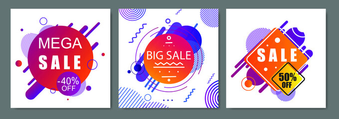 Set of geometric cover templates for big sale, mega sale, special offers. Design for publishing in mobile app, social media advertising, promo, flyer, brochure. Vector modern illustration.