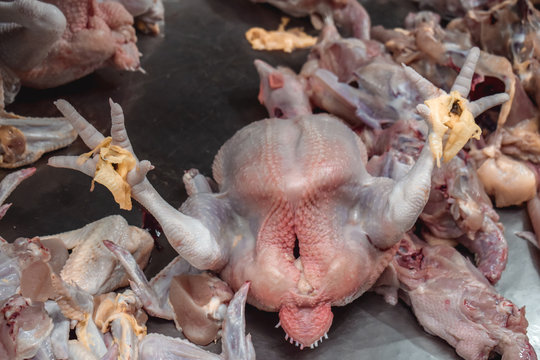 Dead rooster chicken sold without feather sold on a street market in Thailand