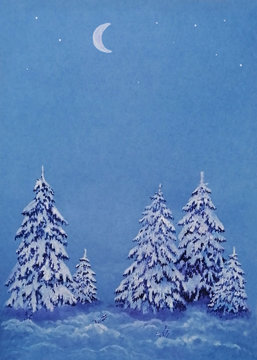 watercolor landscape of winter night forest