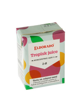 Stockholm, Sweden - December 2, 2019: A package of 2 dl of concentrated tropical juice with Axfood's brand Eldorado isolated on white background.