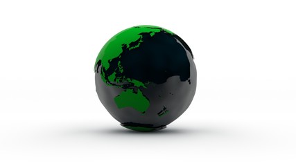 3D rendering of the model of continents, continents of the planet Earth. In the center is a black sphere, a symbol of wealth, mineral deposits, hydrocarbons. Illustration isolated on white background
