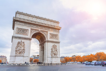 Beautiful view of the Arc de Triomphe. Autumn in city of Paris, France.