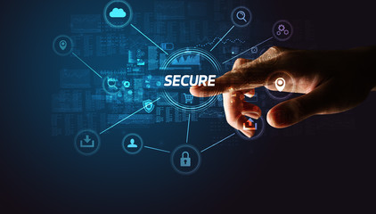 Hand touching SECURE inscription, Cybersecurity concept