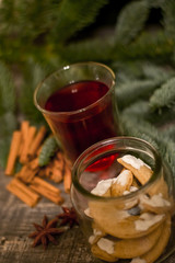 mandarin tree blue spruce background cinnamon star anise christmas present new year cookies gingerbread mulled wine