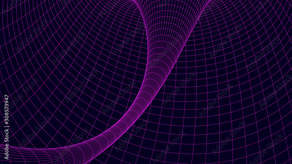 Poster vortex. vector perspective curved grid. wireframe abstract tunnel. 3d vector wormhole with a mesh st