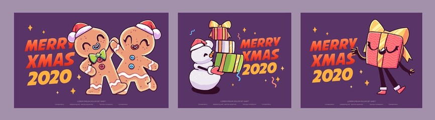 New Year 2020 And Christmas Greeting Card collection. Cute holiday themed Characters and situations