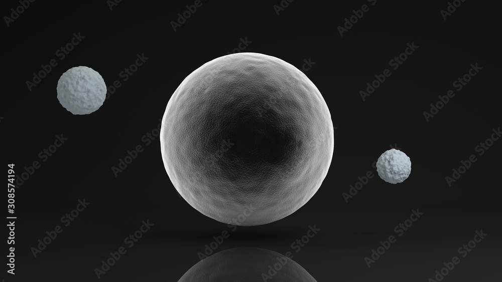 Poster 3d rendering of a large glowing white sphere and two black balls placed side by side. the objects ar