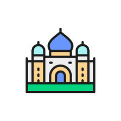 Taj Mahal, landmark of Agra, India flat color line icon.