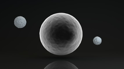 3D rendering of a large glowing white sphere and two black balls placed side by side. The objects are in a dark Studio. Abstract composition of ideal figures, a combination of white and black.