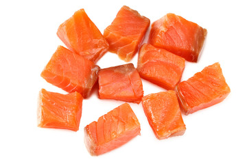 Red fish. Raw salmon fillet isolate on white background. Top view