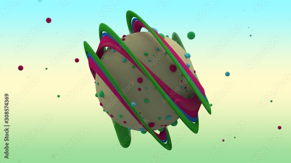Poster 3d rendering of abstract yellow sphere with lots of small multicolored balls on the surface and surr
