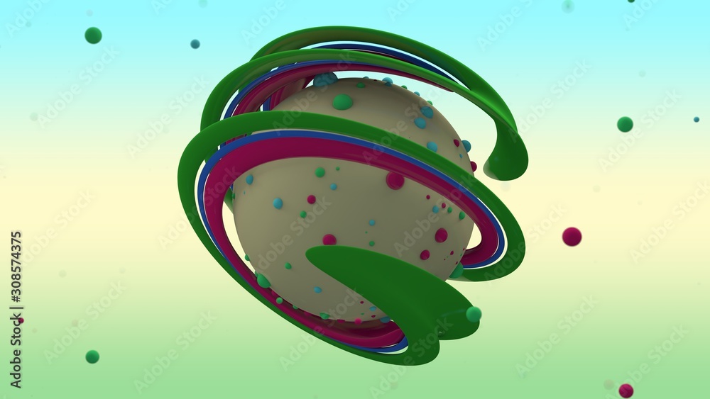 Poster 3d rendering of abstract yellow sphere with lots of small multicolored balls on the surface and surr