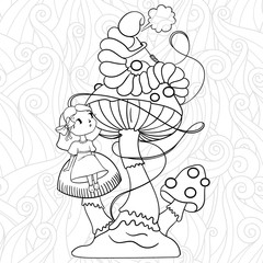 Doodle illustration of Alice in Wonderland. Monochrome art with Alice sitting on a mushroom, looking at caterpillar. Coloring page, easy to change colors.