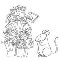 Obraz na płótnie Canvas Christmas doodle illustration. Surprised and happy rat looking at presents. Symbol of Chinese New Year 2020. Lots of gift boxes. Easy to change colors, gifts are separated.