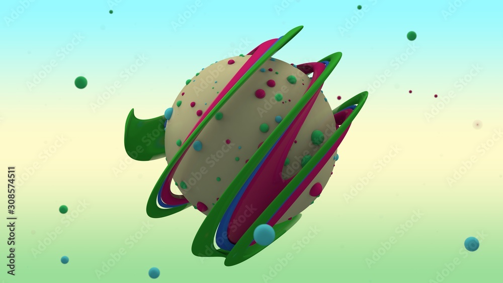 Poster 3d rendering of abstract yellow sphere with lots of small multicolored balls on the surface and surr
