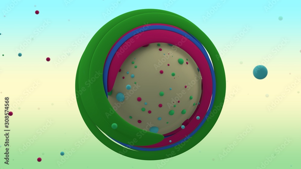 Poster 3d rendering of abstract yellow sphere with lots of small multicolored balls on the surface and surr