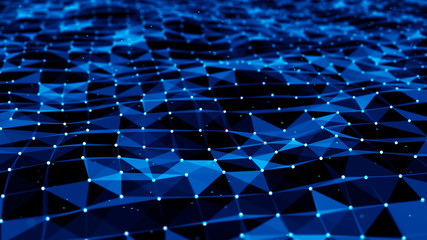 Naklejka premium Perspective grid with blue triangles. Detailed lines on black background. 3d rendering.