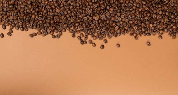 Dark brown whole coffee beans on wood background with copyspace