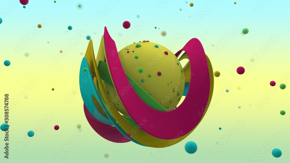 Poster 3d rendering of abstract yellow sphere with lots of small multicolored balls on the surface and surr