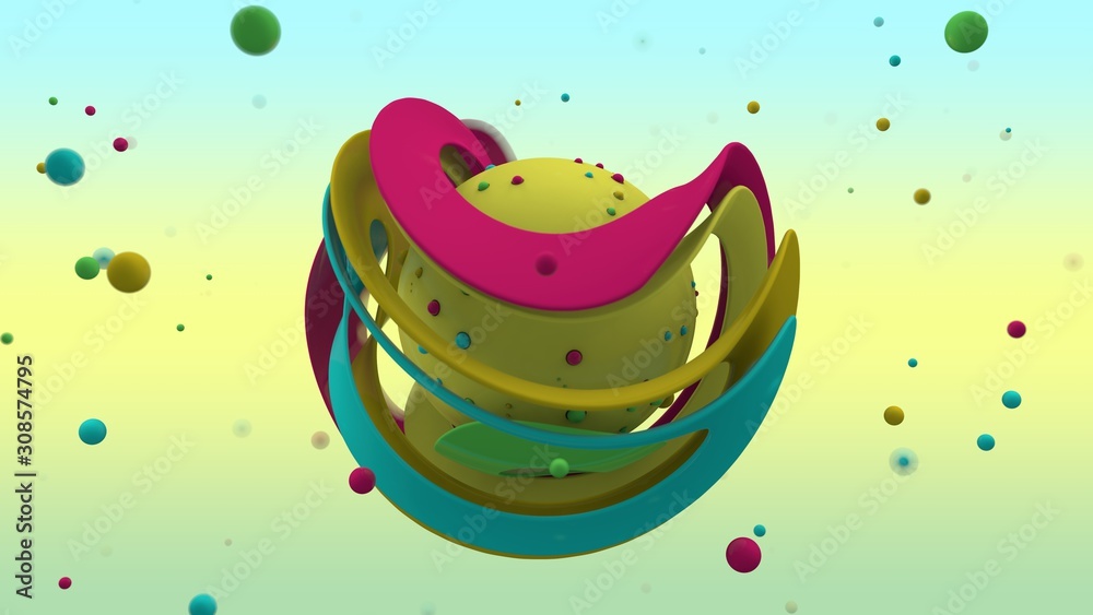 Poster 3d rendering of abstract yellow sphere with lots of small multicolored balls on the surface and surr