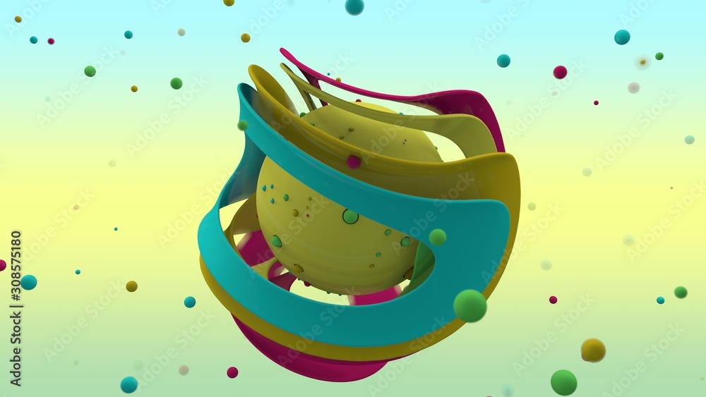 Poster 3d rendering of abstract yellow sphere with lots of small multicolored balls on the surface and surr