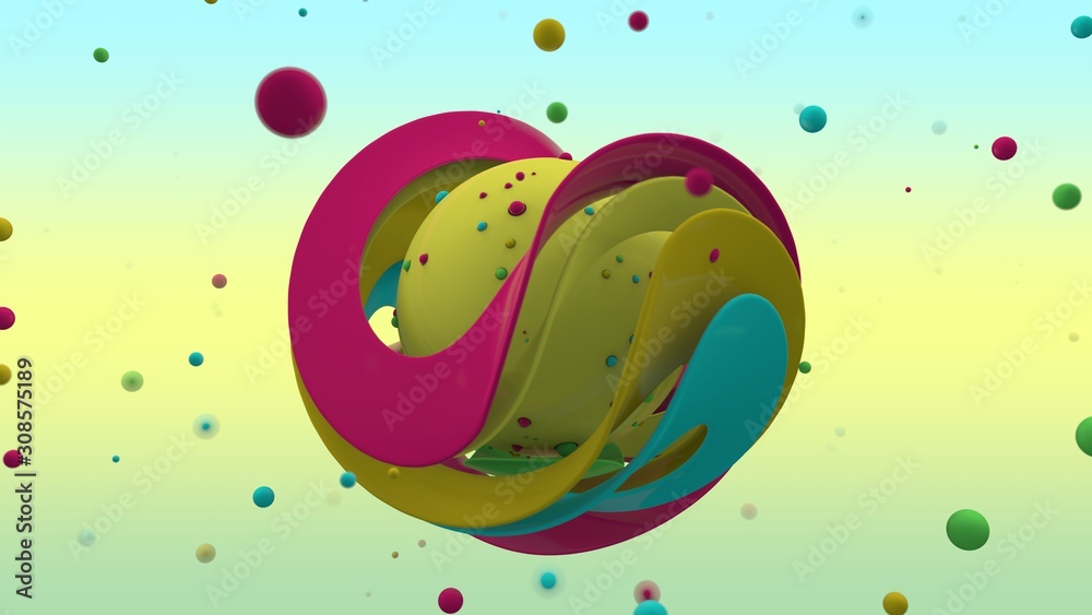 Poster 3d rendering of abstract yellow sphere with lots of small multicolored balls on the surface and surr