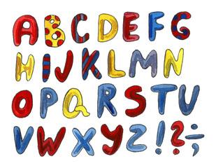 Cute modern alphabet with funny objects and sea cartoon fish. Letters. Learn to read. Isolated. Watercolor illustration, brush lettering
