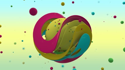 3D rendering of abstract yellow sphere with lots of small multicolored balls on the surface and surrounded. Sphere in the center of the curved colorful rings of different sizes. Abstract background