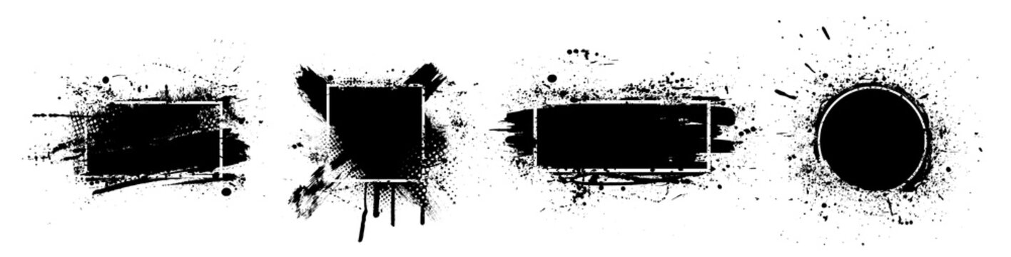 Black splashes grunge with frame. Dirty artistic design elements, boxes, frames for text. Black splashes isolated on white background. Set of black paint, ink brush strokes, brushes, lines. Vector
