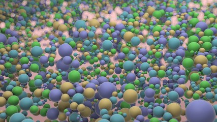 3D rendering of many colored spheres of different sizes located in the plane and forming an abstract background. Illustration for backgrounds, desktop, screensavers.