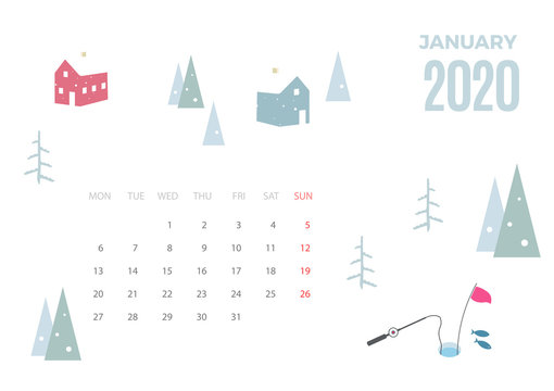 2020 January calendar template. Vector colorful design