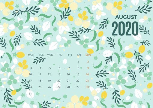 Wall August 2020 Calendar vector colorful template