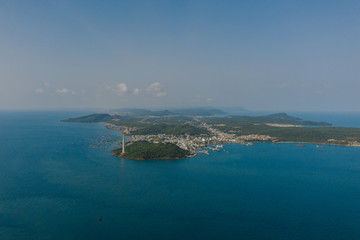 Fishing boats and fisherman houses on the water in Vietnam Phu Quoc Island