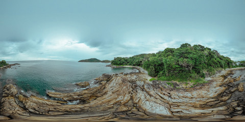 360 VR panorama, Broken Yacht on the rocks after Storm, Shipwreck disaster in the sea
