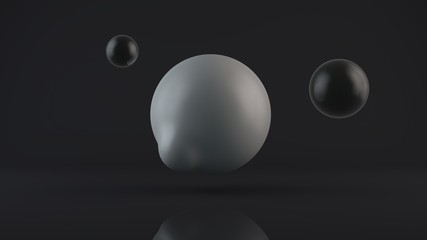 3D rendering of a large glowing white sphere with an elongated, deformed edge and two black balls placed side by side. A combination of a deformed body and a perfect, black and white object.