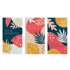 Vector set of abstract backgrounds with tropical leaves and copy space for text. Templates for cards, banners, posters, covers or website. Flat cartoon modern illustration.