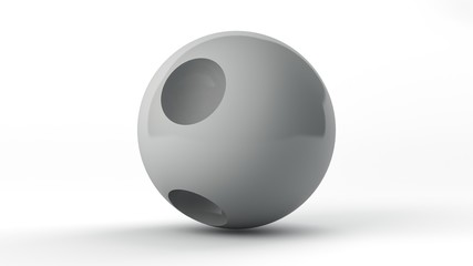 3D rendering of a large white ball isolated on a white background with a Studio surface shadow. The ball has perfectly round dents on the surface of different sizes and in different places