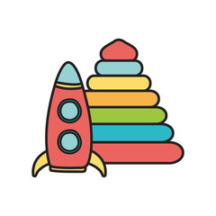 kids toy, plastic pyramid and rocket icons