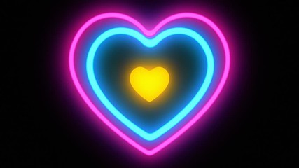 Glowing colorful Blue purple yellow neon heart hypnotize lights . Seamless VJ loop. Animation to the beat of music. 80's 90's style. Retro vintage disco. Heartbeat - Powered by Adobe