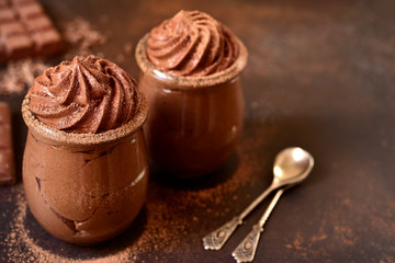 Chocolate mousse in a glass jar.