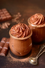 Chocolate mousse in a glass jar.