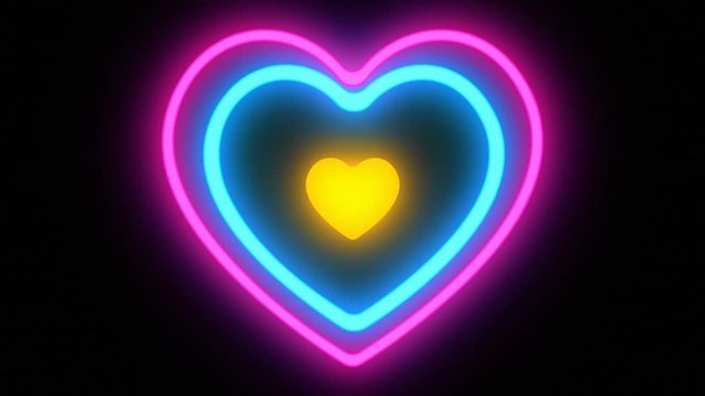 Glowing colorful Blue purple yellow neon heart hypnotize lights . Seamless VJ loop. Animation to the beat of music. 80's 90's style. Retro vintage disco. Heartbeat