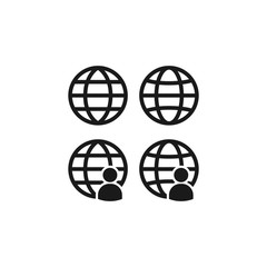 Globe, website symbol with person, profile icon. Black vector glyph sign.