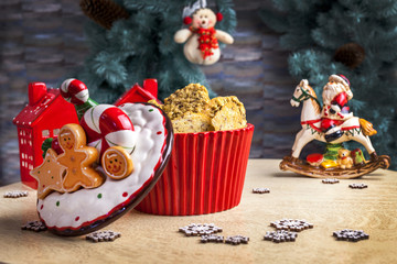Christmas composition of cookies on a table with Santa